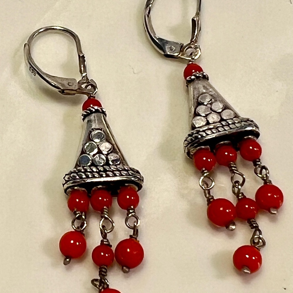 Tribal Red Coral dangling Earrings Sterling Silver 925 AJN mark